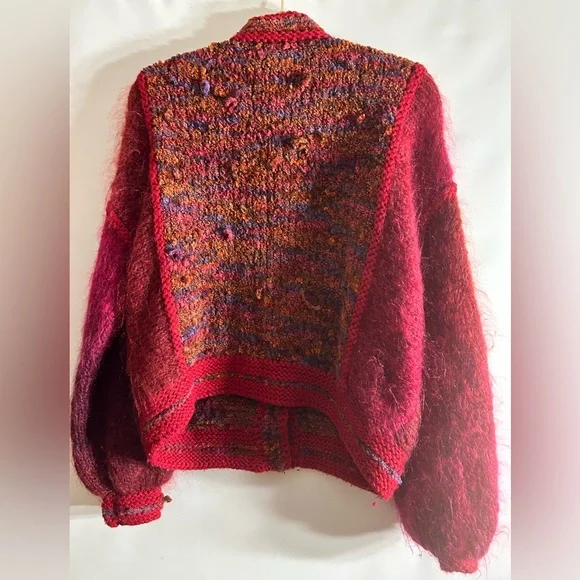 VINTAGE BOHO MOHAIR BLEND CHUNKY CARDIGAN BURGUNDY MULTI COLORED - Picture 3 of 8